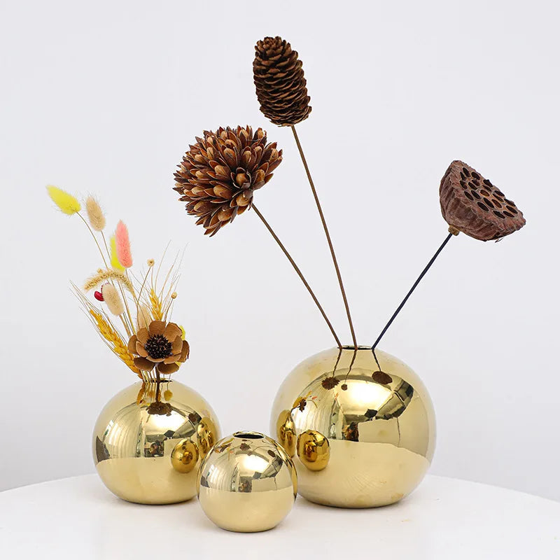 European Electroplated Gold Ball Ceramic Vase Ornament Hydroponic Flower Vase Flower Arrangement Plant Table Living Room Decor