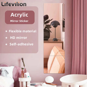 4Pcs Acrylic Mirror Wall Stickers Thicken-2mm Mirror Sheeting Decor Self-adhesive DIY Wall Sticker for Wardrobe Bathroom Home