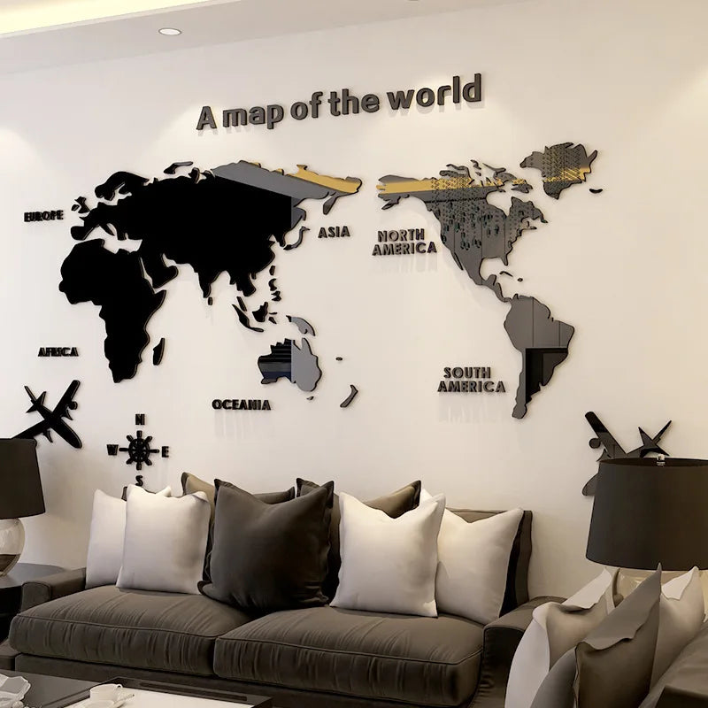 Nordic Style 3D World Map Wall Sticker Acrylic Solid Color Bedroom Wall With Living Room Classroom Stickers Office Decoration