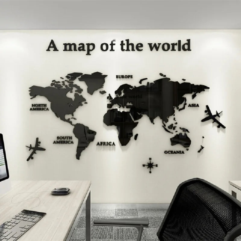 Nordic Style 3D World Map Wall Sticker Acrylic Solid Color Bedroom Wall With Living Room Classroom Stickers Office Decoration