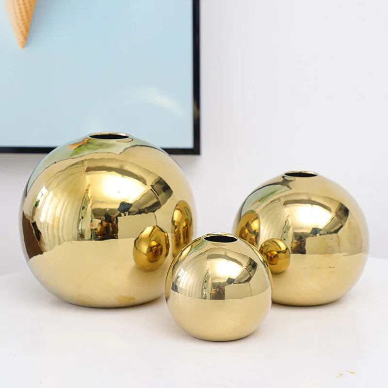 European Electroplated Gold Ball Ceramic Vase Ornament Hydroponic Flower Vase Flower Arrangement Plant Table Living Room Decor