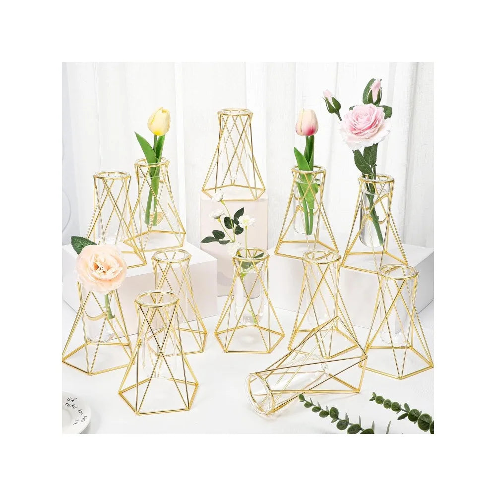 24 PCs 6.3 Inch Gold Geometric Vase for Metal Frame with Glass Cylinder Hydroponic Modern Flower Stand for Home Floor Wedding